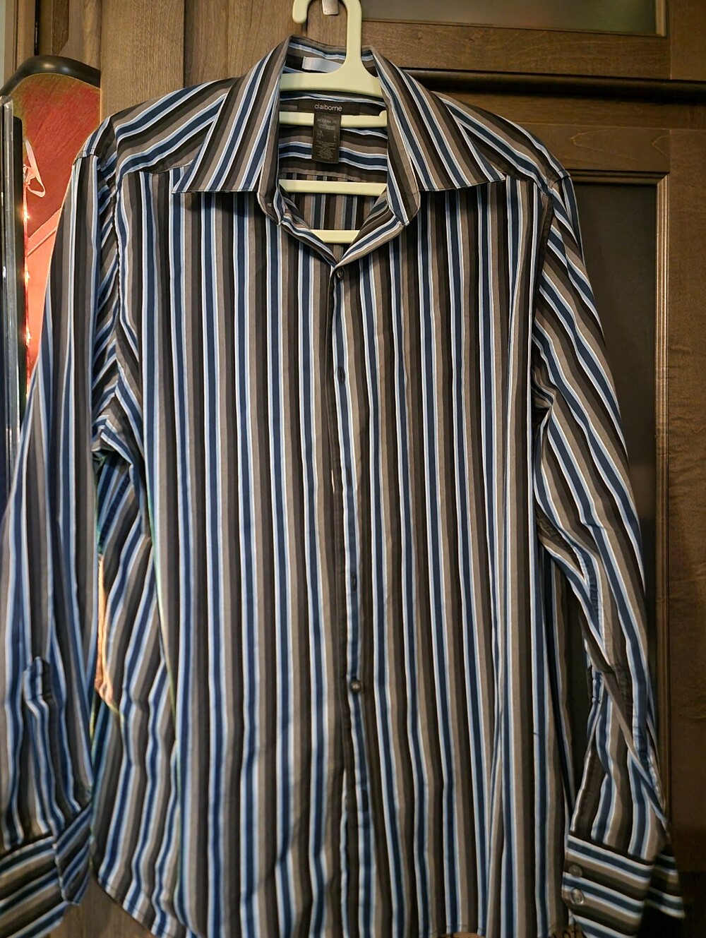 Claiborne Men's Black, Blue and White Striped Dress Shirt